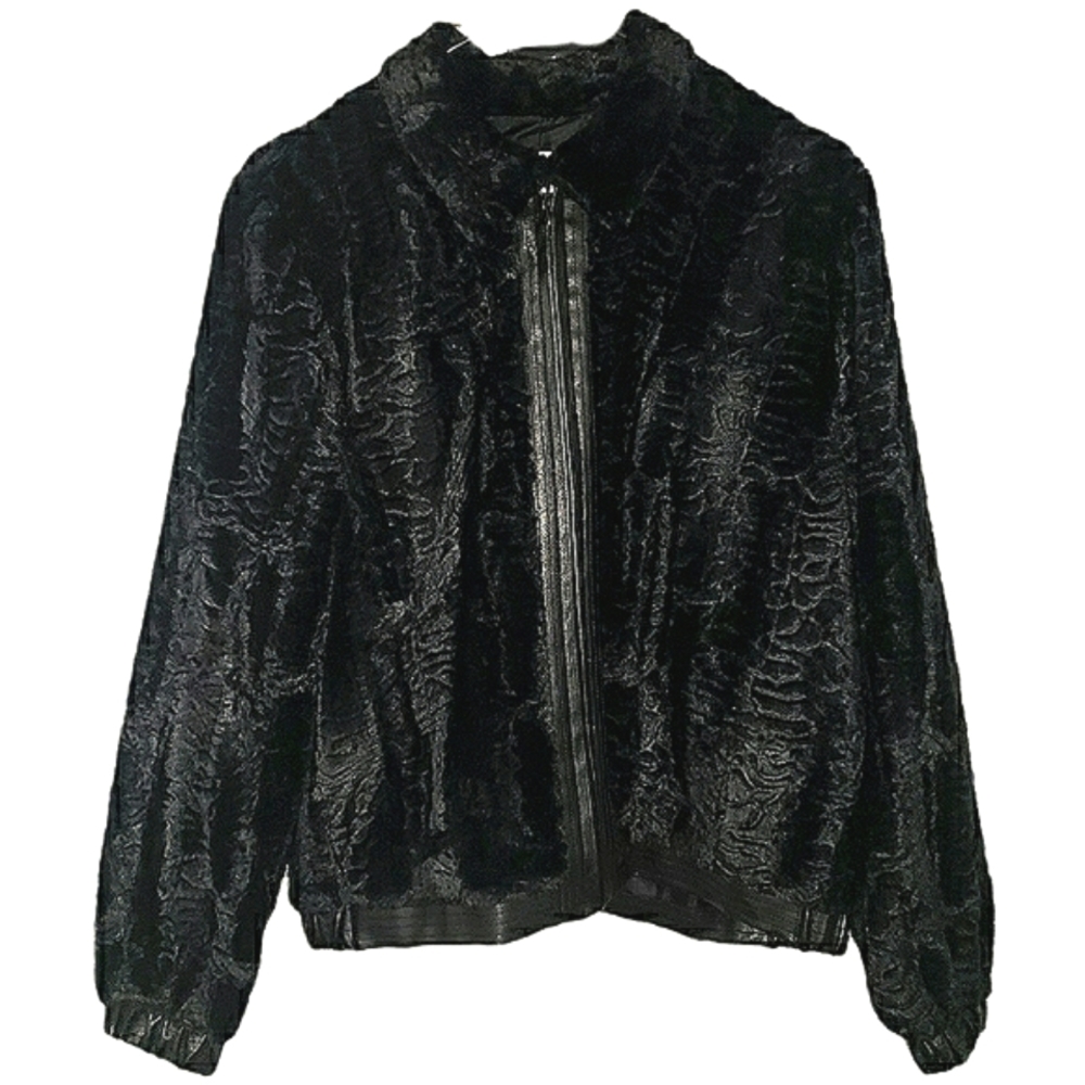 Alfred Dunner Vintage Retro Black Faux Fur Faux Leather Zip Up Collared Coat